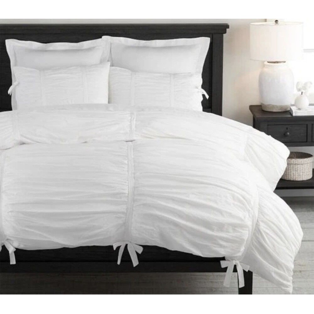 Pottery Barn 100% Cotton Bows Ruched Full Queen Duvet Cover White Hadley Sham